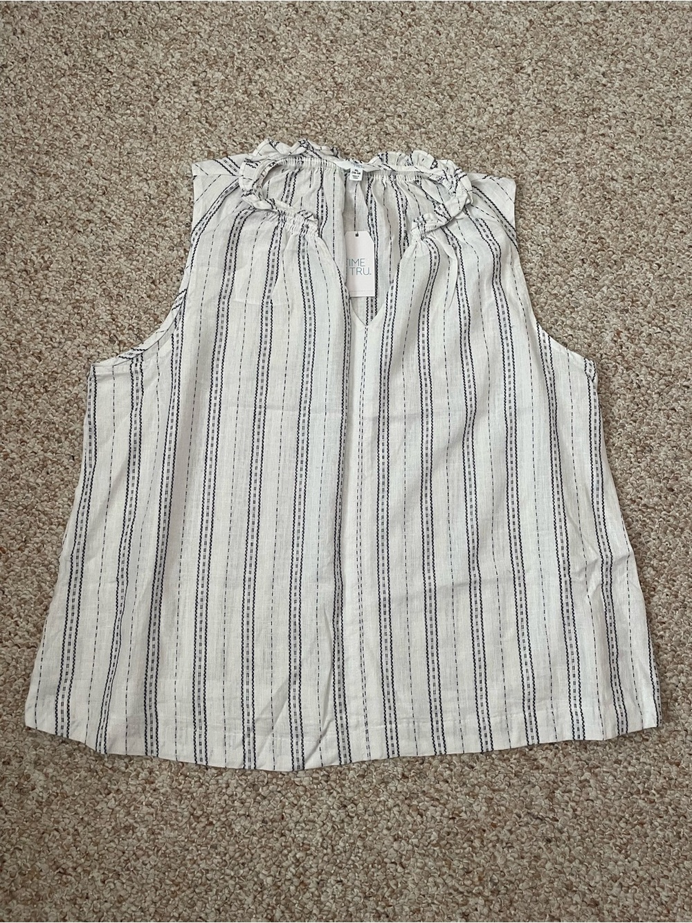 Striped Sleeveless Ruffle Neck Linen Top